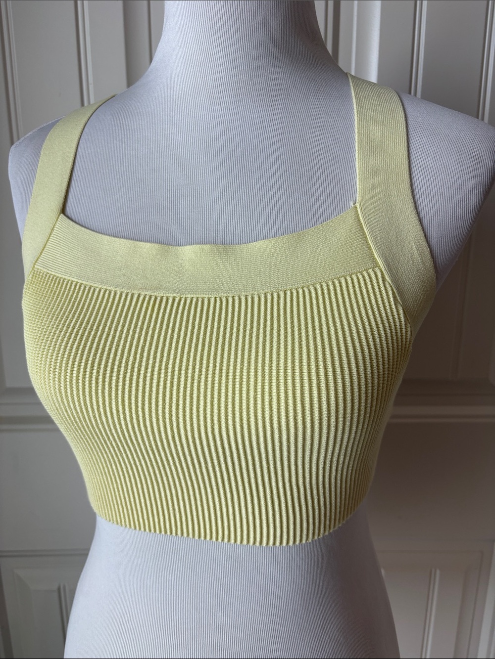 Babaton Sherbert Yellow Textured Knit Crop Top with Cross Back